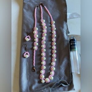 Pink and White Beaded Necklace and Earring Set